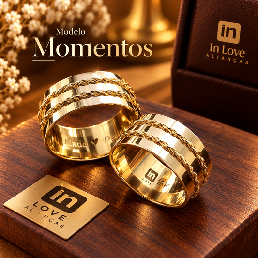 Par de Alianças em Ouro 18k - Modelo Momentos | 8mm | 12x R$974