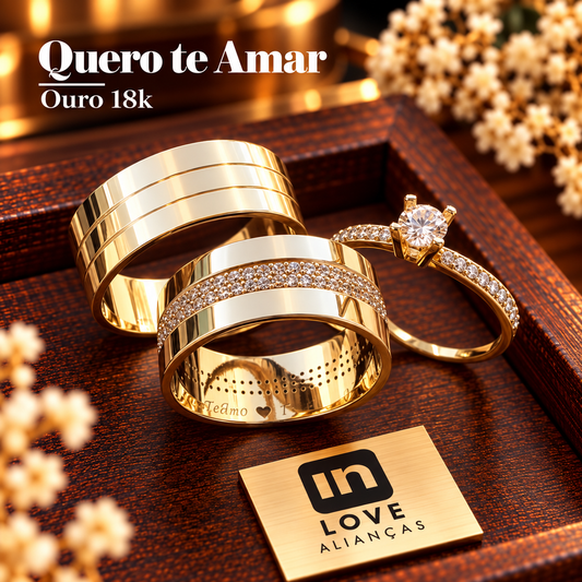 Par de Alianças em Ouro 18k - Modelo Quero te Amar | 8mm | 12x R$758