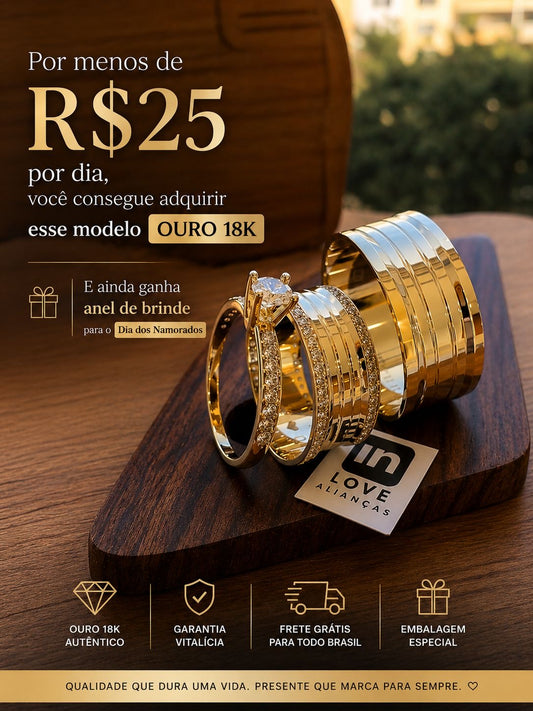 Par de Alianças em Ouro 18k - Modelo Paraíso | 8mm | 12x R$758