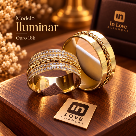 Par de Alianças em Ouro 18k - Modelo Iluminar | 8mm | 12x R$999.