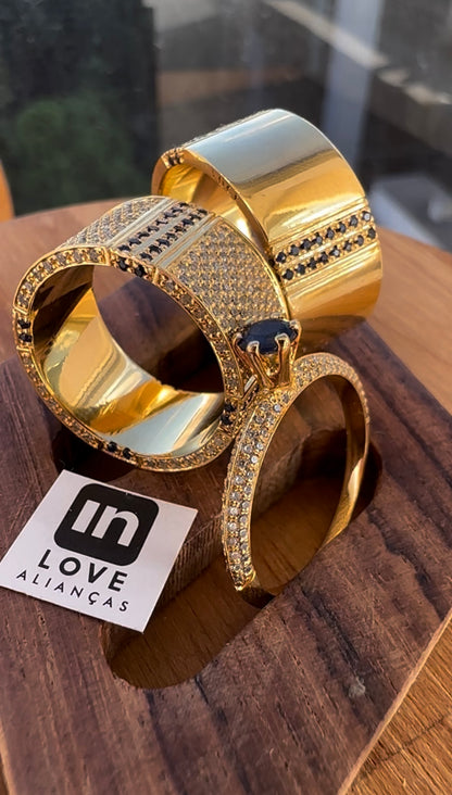 Par de Alianças + Anel em Ouro 18k | Diamantes & Safiras - Kit Eu Amo Você | 12x 4.100,00