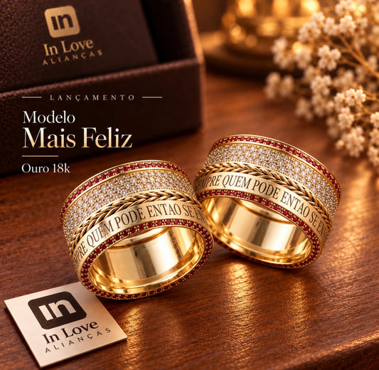 Par de Alianças em Ouro 18k Modelo Mais Feliz| RUBI NATURAL 10mm|12xR$2.399