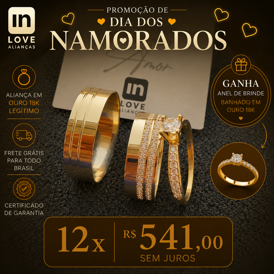Par de Alianças em Ouro 18k - Modelo Sorte | 6mm | 12x R$541