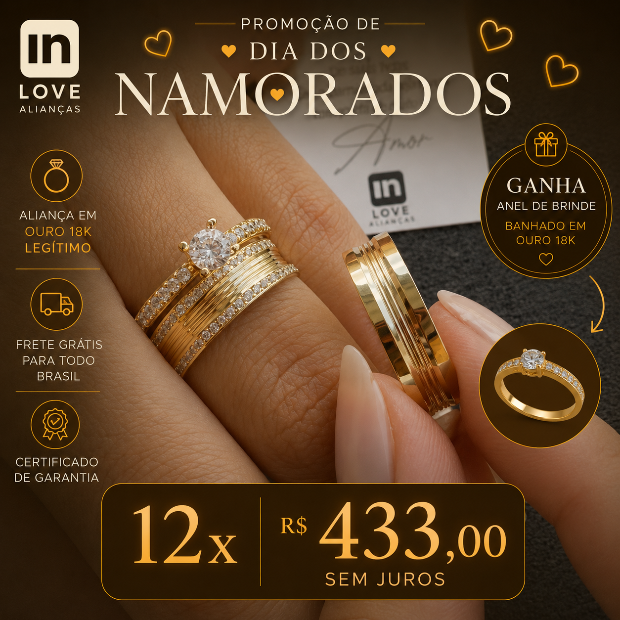 Par de Alianças em Ouro 18k - Modelo Paraíso | 5mm | 12x R$433