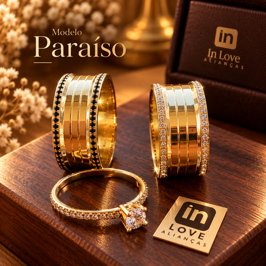 Par de Alianças em Ouro 18k - Modelo Paraíso | 8mm | 12x R$866.
