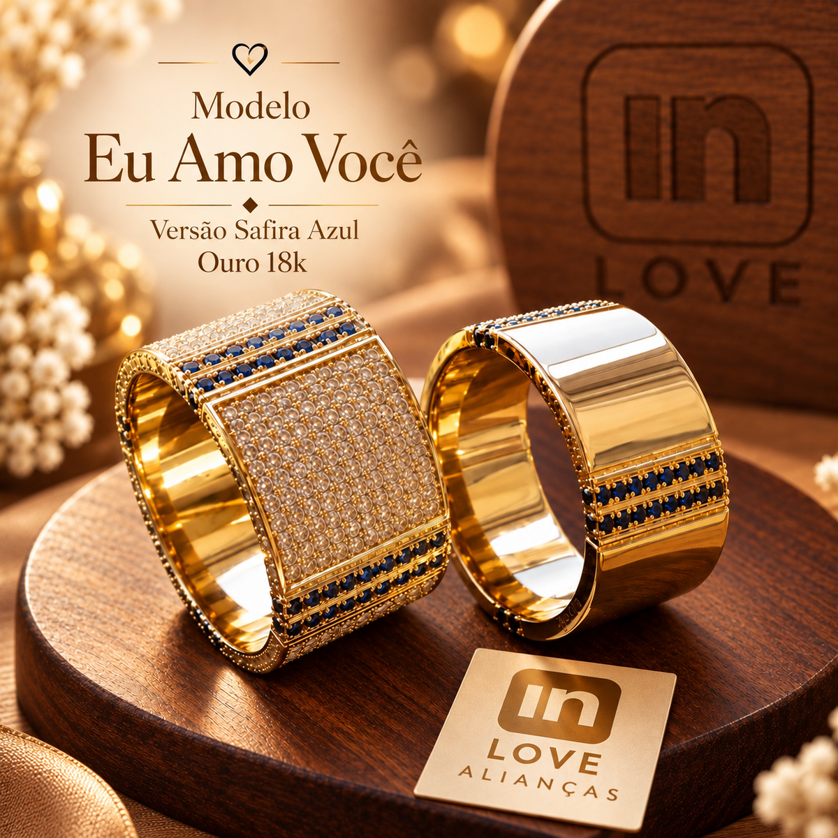 Par de Alianças em Ouro 18k |Safiras - Modelo Eu Amo Você | 10mm | 12x R$2.800