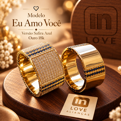 Par de Alianças em Ouro 18k |Safiras - Modelo Eu Amo Você | 10mm | 12x R$2.800