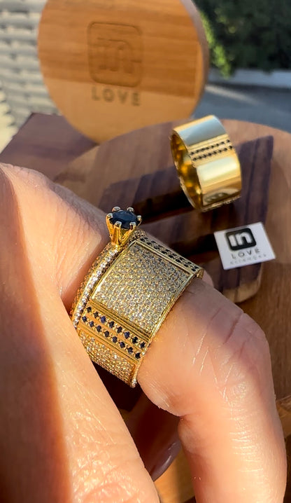 Par de Alianças + Anel em Ouro 18k | Diamantes & Safiras - Kit Eu Amo Você | 12x 4.100,00