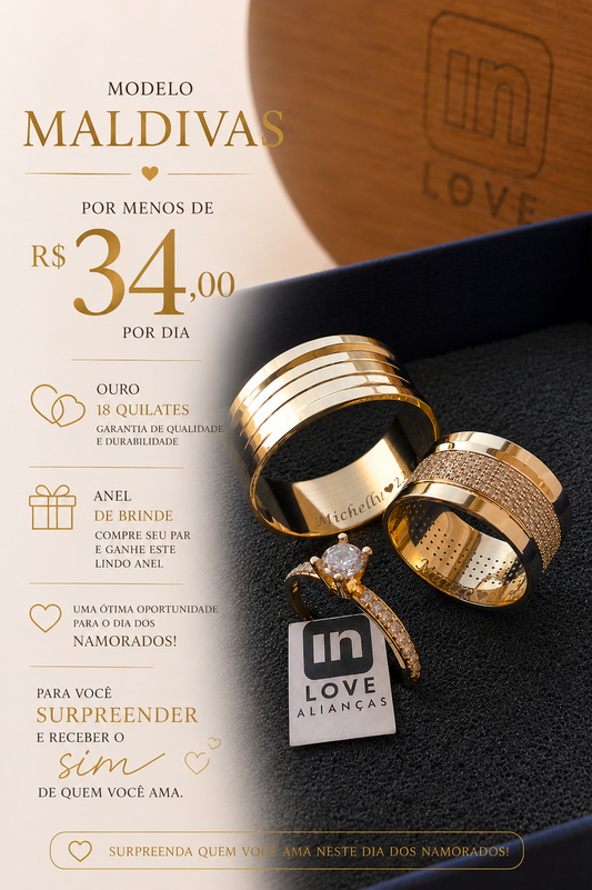 Par de Alianças em Ouro 18k - Modelo Maldivas | 9mm | 12x R$999.