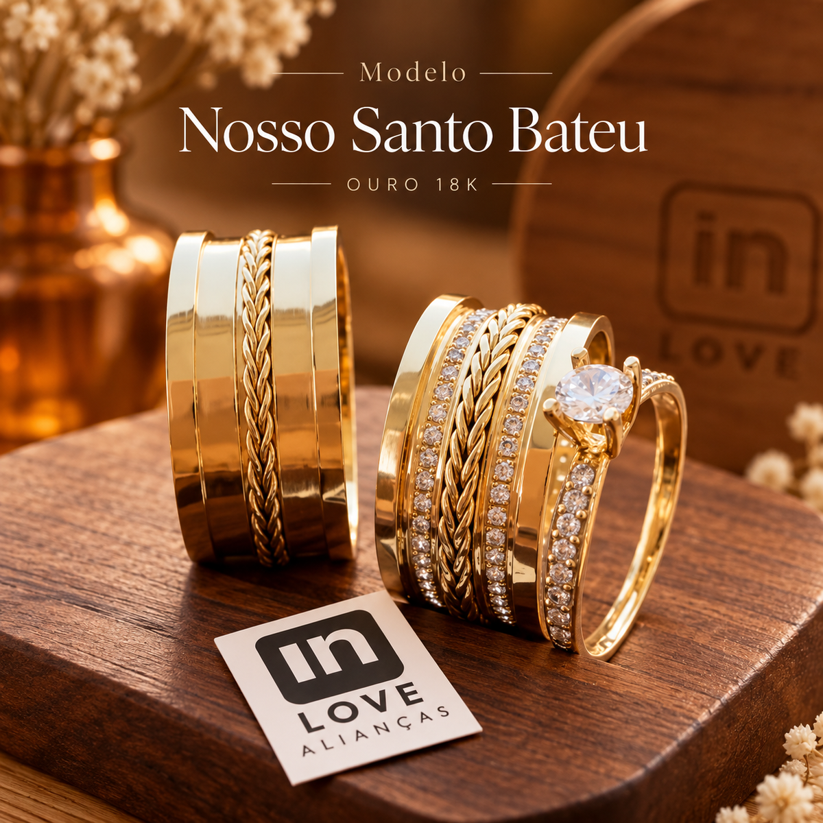 Par de Alianças em Ouro 18k - Modelo Nosso Santo Bateu | 9mm | 12x R$1.199.