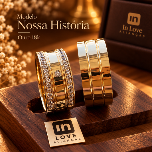 Par de Alianças em Ouro 18k - Modelo Nossa História | 8mm | 12x R$999.