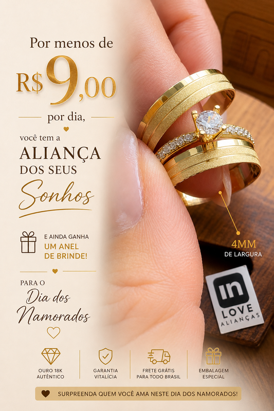 Par de Alianças em Ouro 18k - Modelo Verdadeiro Amor | 4mm | 12x R$269