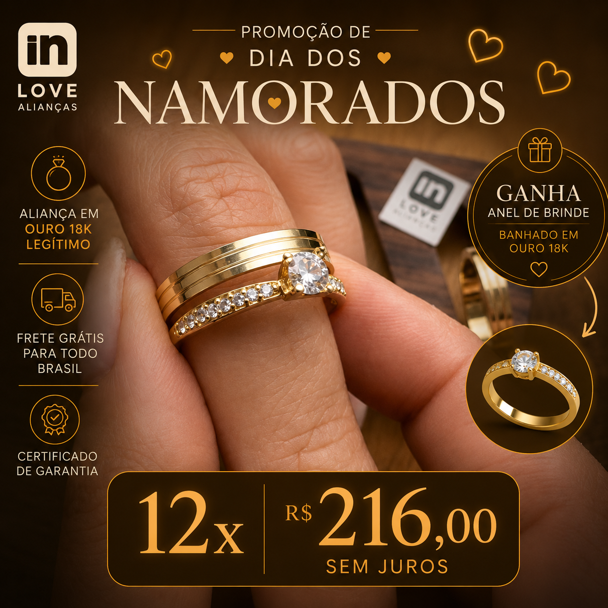 Par de Alianças em Ouro 18k - Modelo Minha Vida | 3mm |12x R$216