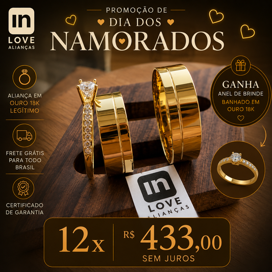 Par de Alianças em Ouro 18k - Modelo Amor Maior | 6mm | 12x R$433