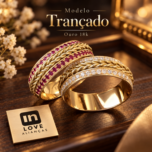 Par de Alianças em Ouro 18k - Modelo Trançado | Versão Rubi |7mm|12x R$1.299.