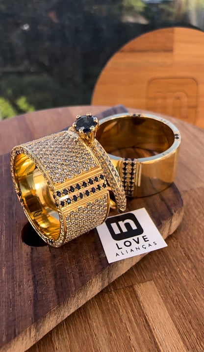 Par de Alianças + Anel em Ouro 18k | Diamantes & Safiras - Kit Eu Amo Você | 12x 4.100,00