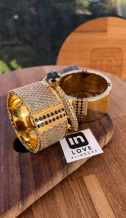 Par de Alianças + Anel em Ouro 18k | Diamantes & Safiras - Kit Eu Amo Você | 12x 4.100,00
