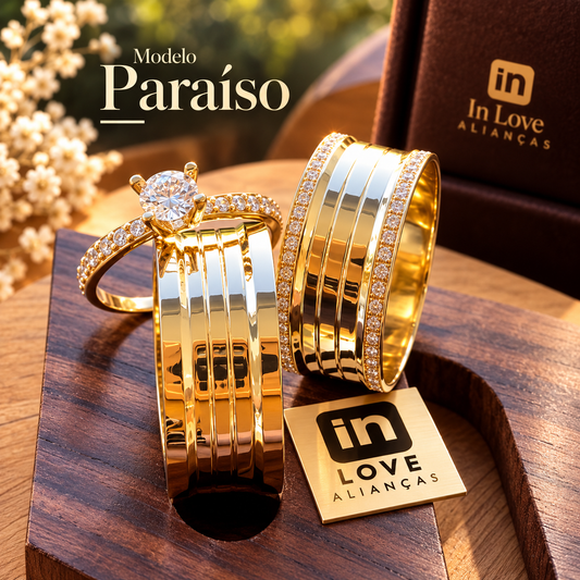 Par de Alianças em Ouro 18k - Modelo Paraíso | 8mm | 12x R$758