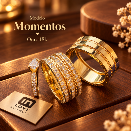 Par de Alianças em Ouro 18k - Modelo Momentos | 8mm | 12x R$1.199.