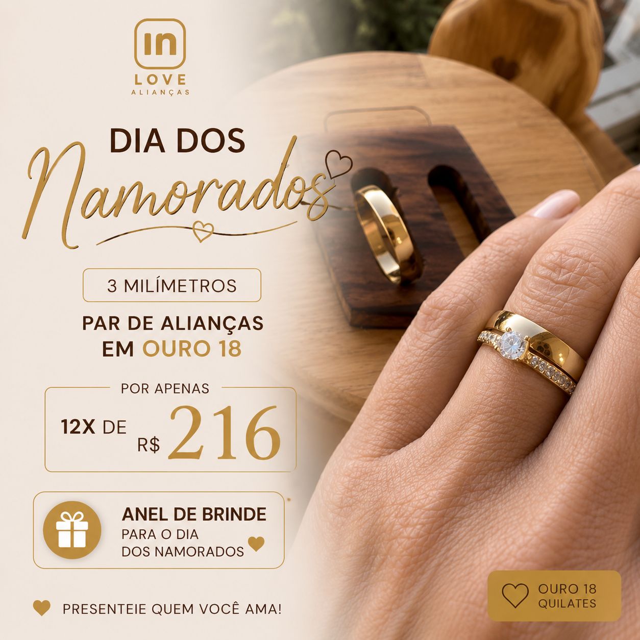 Par de Alianças em Ouro 18k - Modelo Tradicional | 3mm |12x R$216