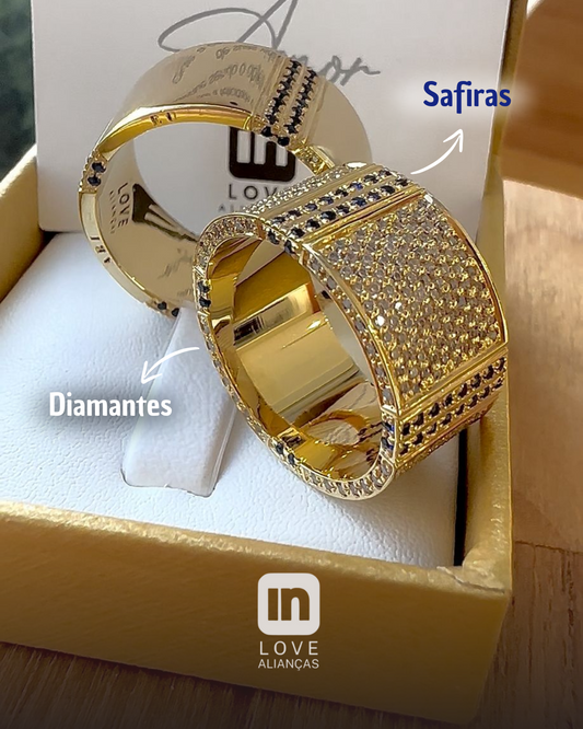 Alianças Ouro 18k Diamantes & Safiras - Modelo Eu Amo Você | 10mm | 12x R$3.332,50