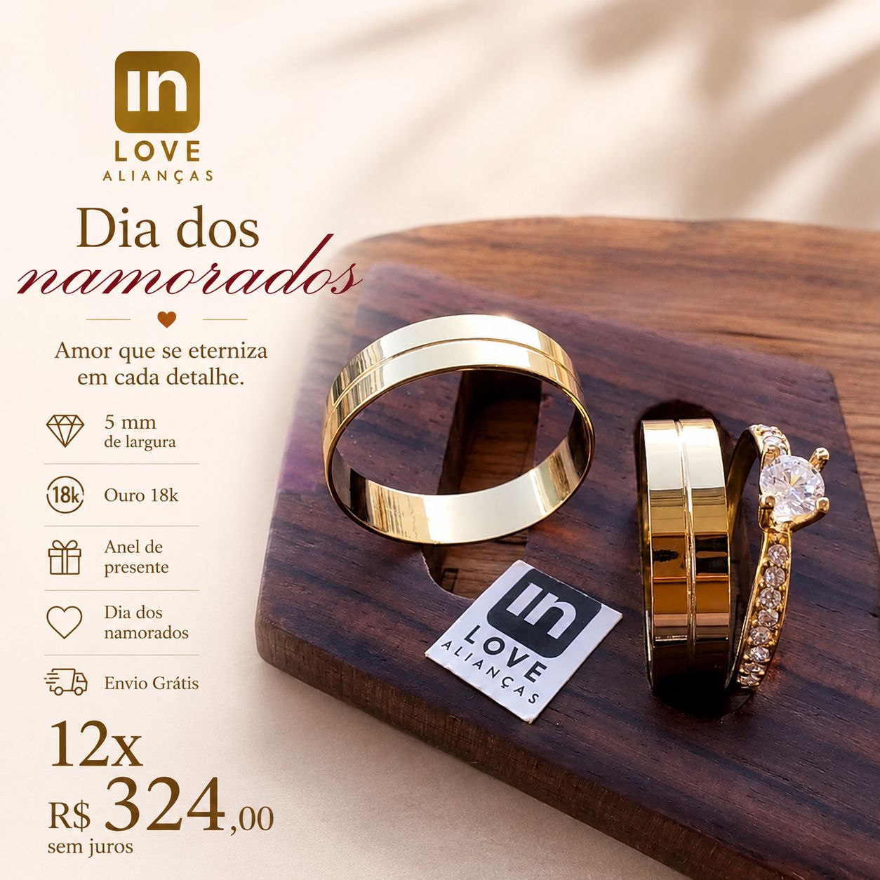 Par de Alianças em Ouro 18k - Modelo Minha Alegria | 5mm | 12x R$324