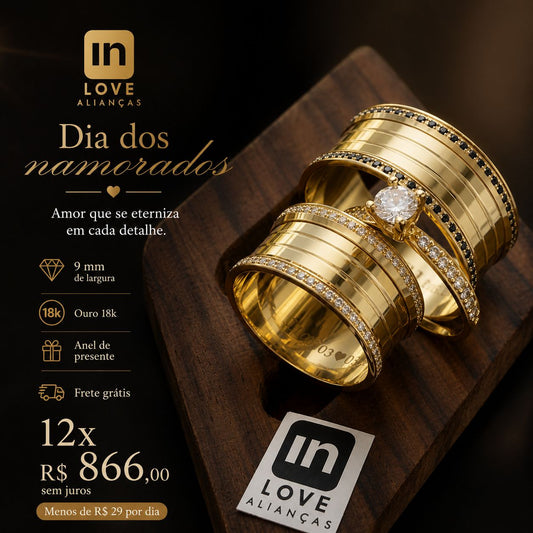 Par de Alianças em Ouro 18k - Modelo Paraíso | 9mm | 12x R$866.